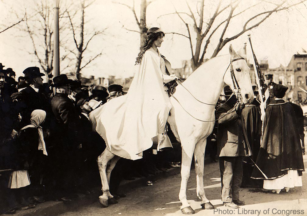 Inez Milholland Boissevain leading the National American Woman Suffrage Parade on a white horse