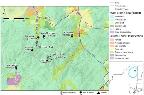 A map of the high peaks with study areas highlighted