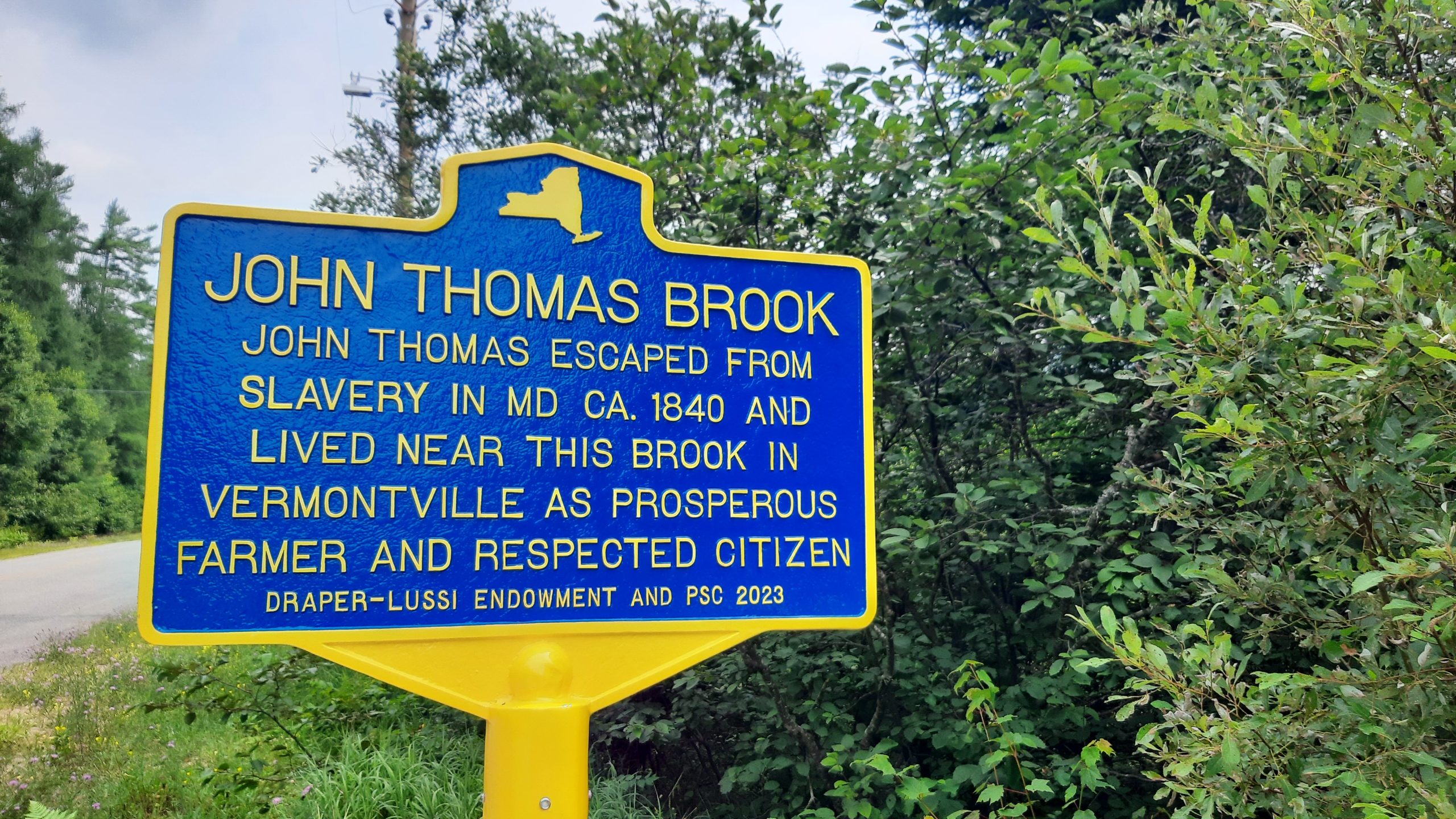 The historic marker at John Thomas Brook near Vermontville